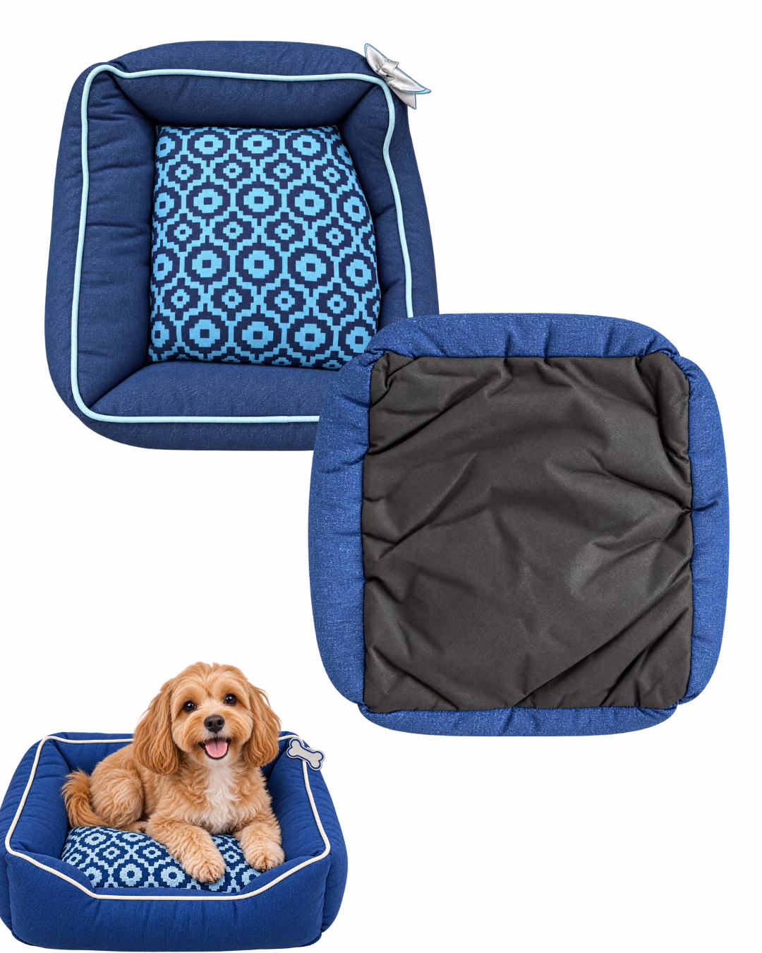Rectangular Denim Print Cotton Pet Bed with Patterned Cushion